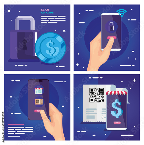 qr code paper smartphones padlock and coin design of technology scan information business price communication barcode digital and data theme Vector illustration