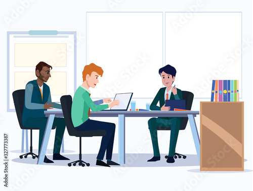 Business people. Office team cartoon characters. Group of business men, Teamwork colleagues vector concept. Illustration vector of discussion and talk, Board background.