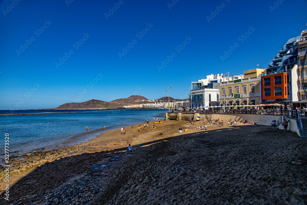 warm beach landscape in the capital on the Spanish Canary Island Gran Canaria on a clear day