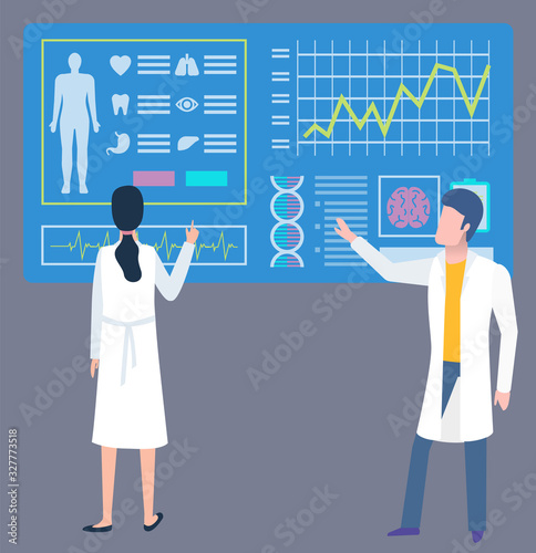 Board with scan of organs, doctor and nurse researching patient health. Heart and tooth, lungs and stomach, eye and liver icons, ct or mri, clinic vector