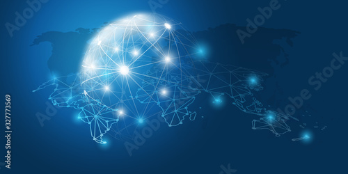 Abstract Blue Minimal Style Cloud Computing, Networks Structure, Telecommunications Concept Design, Network Connections, Transparent Geometric Mesh - Vector Illustration