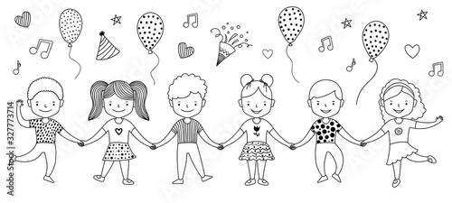 Group of happy children holding hands. Holiday party celebration. Set of elements. Air balloons, firework, music sign. Black and white line art vector doodle illustration
