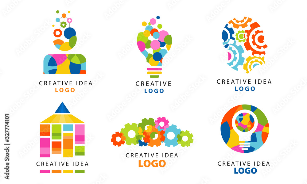 Creative Idea Logo Templates Collection, Digital Learning, Modern Technology Business, Science Colorful Badges Vector Illustration