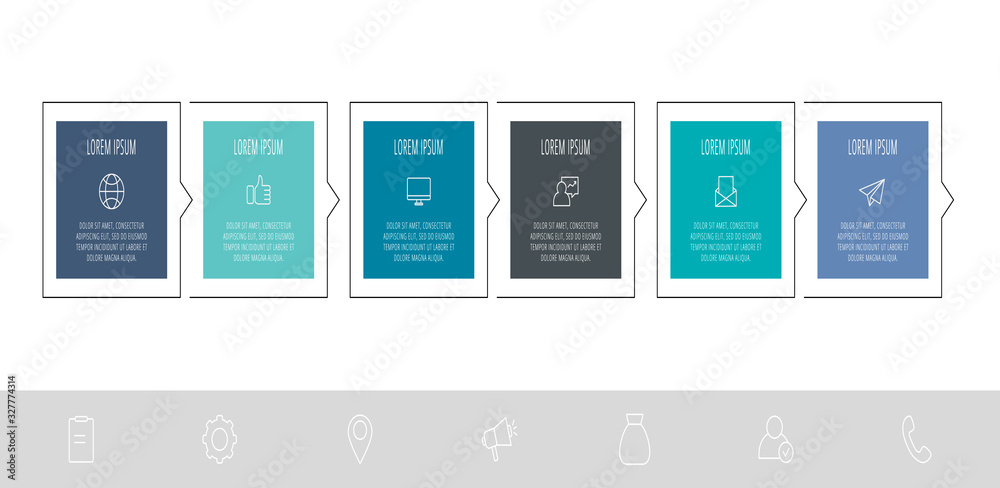 Vector flat infographic template. Data visualization with icons and arrows for 6 steps. Can be used for presentations, flowchart, banner, business report, chart or info graph