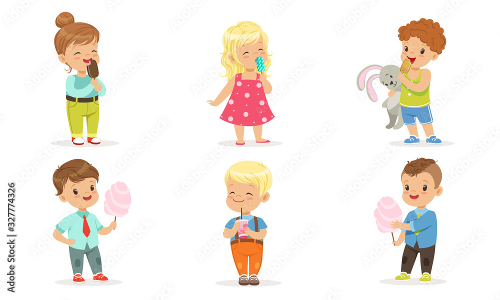 Collection of Cute Happy Kids Enjoying Eating Ice Cream and Cotton Candy Vector Illustration on White Background