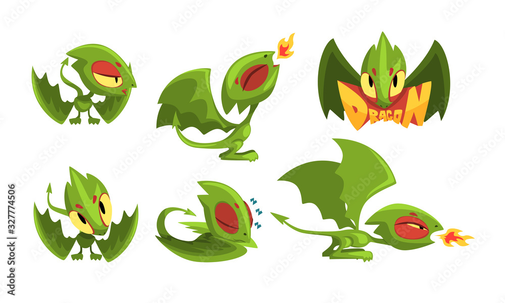 Obraz premium Adorable Green Little Dragons Collection, Funny Fantasy Creatures Cartoon Character Vector Illustration on White Background