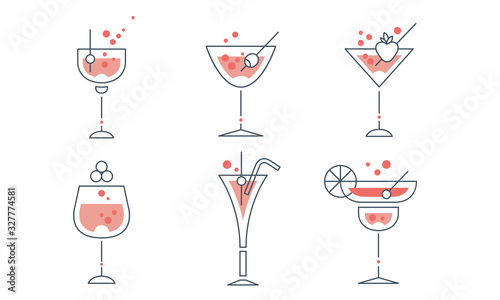 Refreshing Cocktails Collection, Alcohol Drinks Lined Signs Vector Illustration on White Background