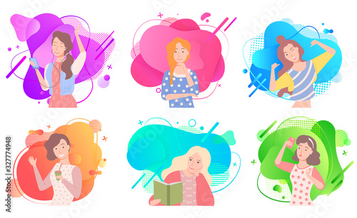 Woman activities set, girls listening to music, drinking coffee, reading book and just relaxing. Vector cartoon females having fun on abstract backgrounds