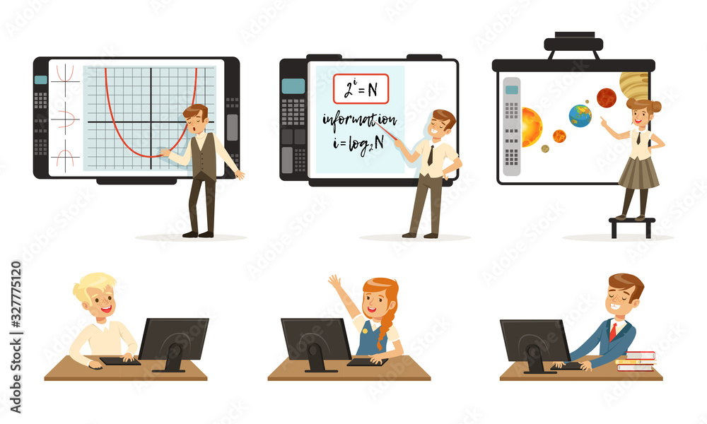 School Children at Informatics or Programming Lesson Collection, Students Working on Computers and Standing in Front of Interactive Whiteboard Vector Illustration