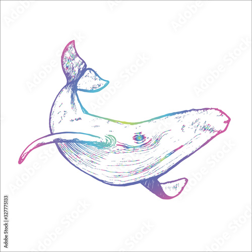 Neon illustration of a whale underwater in a dotwork style.