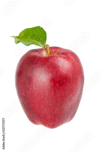 Close-up of red delicious apple with leaf on white background