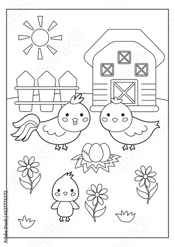 Educational game for kids. Cartoon coloring page with hen and chicken. Farm animals. Vector illustration.