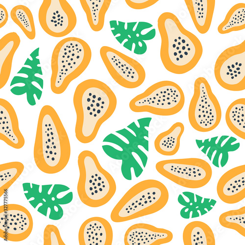 Abstract fruit pattern with papaya. Tropical seamless pattern with papaya and palm leaves.