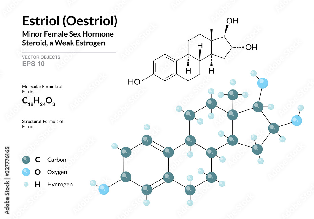 Estriol (Oestriol). Structural Chemical Formula and Molecule 3d Model. Atoms with Color Coding. Vector Illustration Estriol (Oestriol). Structural Chemical Formula and Molecule 3d Model. Atoms with Color Coding. Vector Illustration