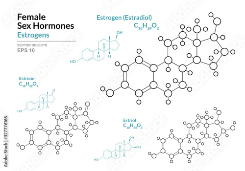 Estrogens. Estradiol, Estrone, Estriol. Female Sex Hormones. Structural Chemical Formula and Molecule Model. Line Design. Vector Illustration photo