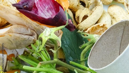 Organic waste for composting. Zero waste concept. Nuit shells, paper roll, onion peels,  tea bags. 29,97 fps