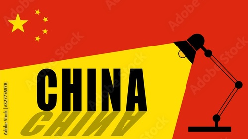Animation with the inscription China, flag, stars and table lamp switching on the light. 29,97 fps