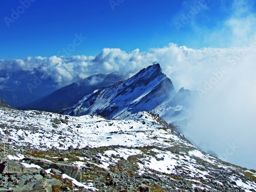 Early autumn and first snow on the Ratikon border mountain massif or Rätikon Grenzmassiv (oder Raetikon), Mainfeld - Canton of Grisons (Graubünden or Graubuenden), Switzerland photo