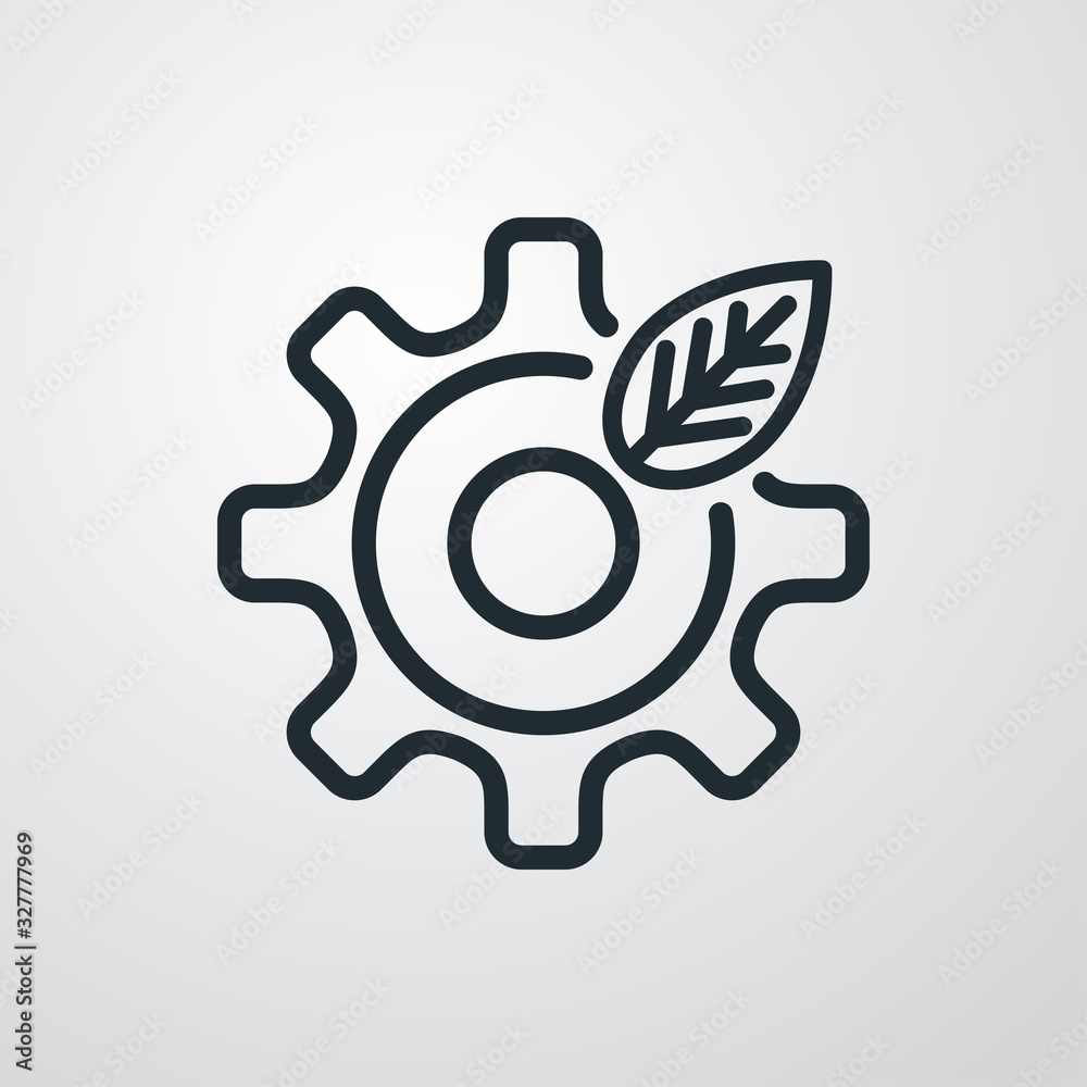 Icono plano lineal engranaje con hoja de planta en fondo gris Icono plano lineal engranaje con hoja de planta en fondo gris