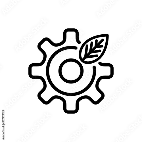 Icono plano lineal engranaje con hoja de planta en color negro