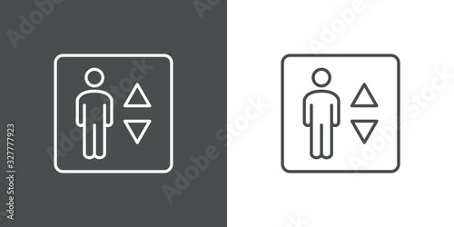 Símbolo ascensor. Hombre con flechas subir bajar. Icono plano lineal en fondo gris y fondo blanco