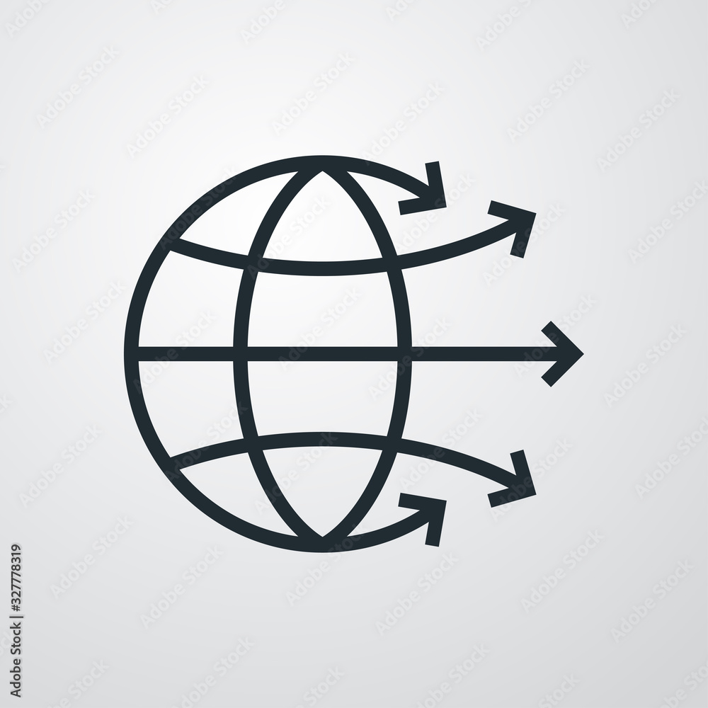 Icono plano lineal globo terráqueo con flechas en fondo gris