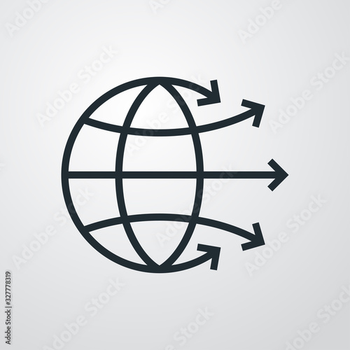 Icono plano lineal globo terráqueo con flechas en fondo gris