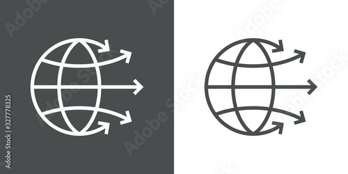 Icono plano lineal globo terráqueo con flechas en fondo gris y fondo blanco