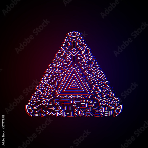 Sacred geometry drawings with glitch effect. Mysterious figures, symbols, triangle, eye etc. Design symbols for puzzle, logic, metroidvania, indie games. Vector illustration.