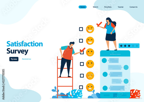 landing page template of emoticon satisfaction surveys. give rating and stars for apps services. good feedback with emoticons. illustration for banner, ui ux, website, web, mobile apps, flyer, card