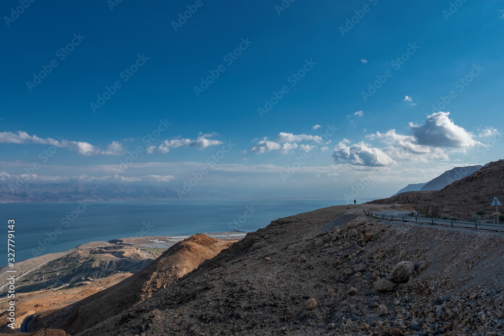 Scenic view on a Israel dead sea from above through mountains. Copy space