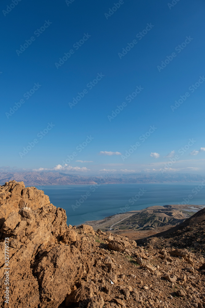 Scenic view on a Israel dead sea from above through mountains. Copy space