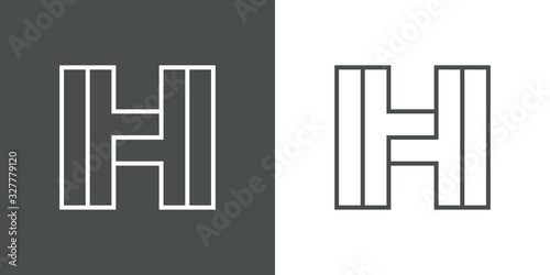 Icono lineal letra inicial H tridimensional en perspectiva imposible en fondo gris y fondo blanco