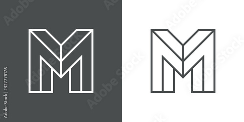 Icono lineal letra inicial M tridimensional en perspectiva imposible en fondo gris y fondo blanco