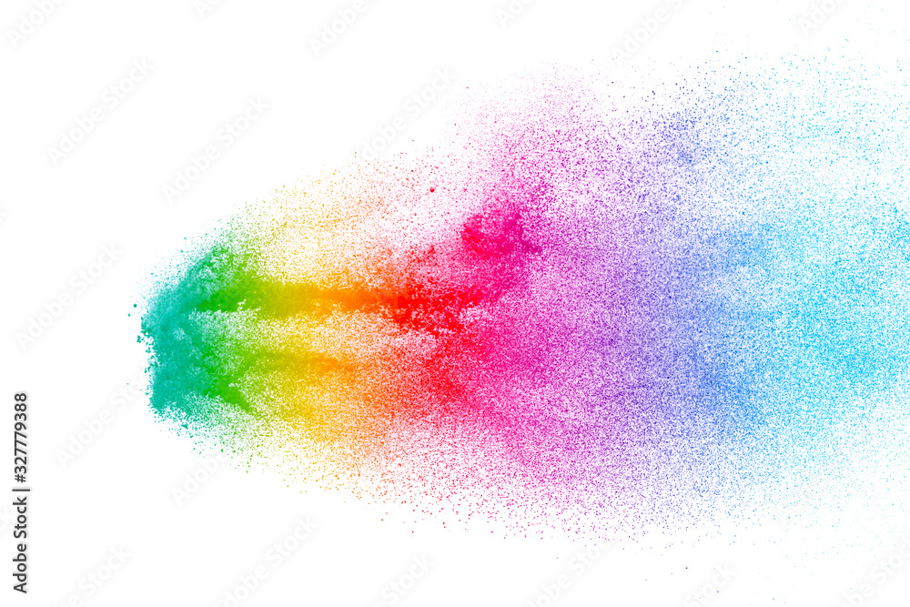 Colorful background of pastel powder explosion.Multi colored dust splash on white background.Painted Holi.