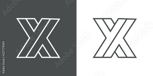 Icono lineal letra inicial X tridimensional en perspectiva imposible en fondo gris y fondo blanco