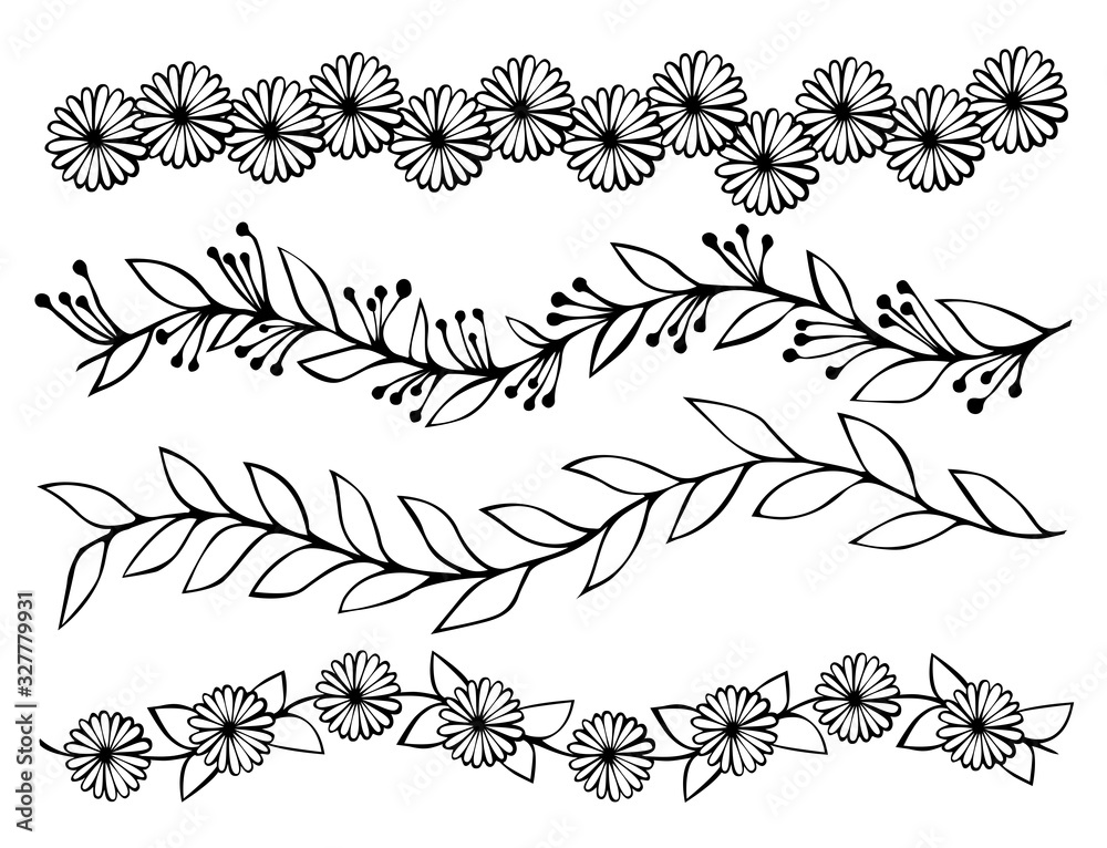 Floral vector linear borders. Set of hend drawn flowers lines Stock ...