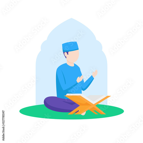 Muslim man praying to allah during reading al quran vector flat illustration. boy sitting in front holy book of islam with begging hand gesture character design