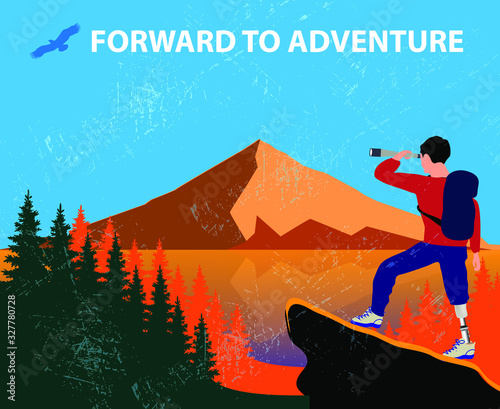 The slogan is forward to adventure. Para-athlete travel in the mountains