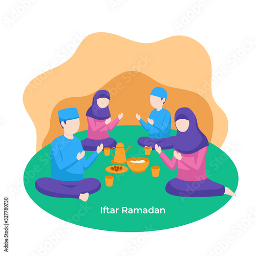 Muslim family praying to Allah together during iftar eat time for break fasting vector flat illustration. Islam ramadan activity character concept poster background design.