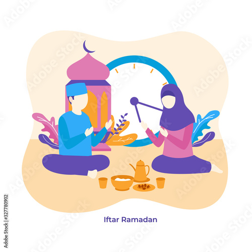 Muslim man and woman praying to Allah together during iftar eat time for break fasting vector flat illustration. Islam ramadan activity character concept poster background design