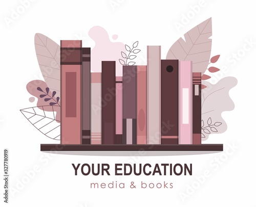Group of colorful books on the wooden bookshelf
