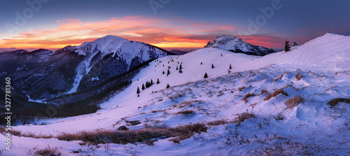 Winter frozen mountain panorama landscape in Slovakia, near Terchova