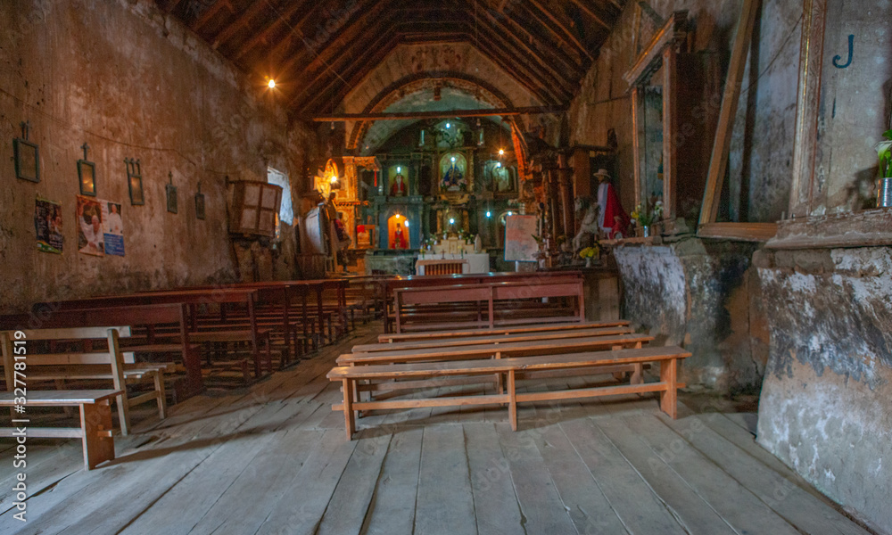Interior of old church. Peru. Andes. Huánuco Region, Huamalíes Province, Tantamayo District. Interior of old church. Peru. Andes. Huánuco Region, Huamalíes Province, Tantamayo District.