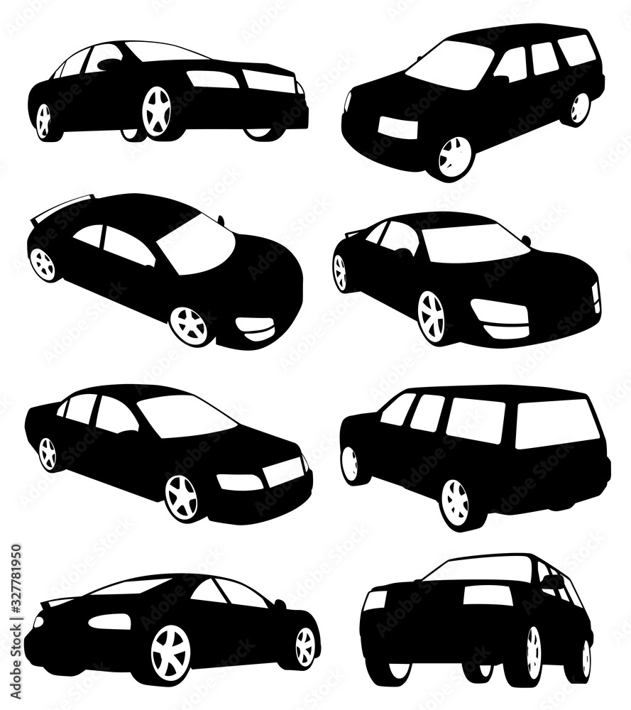 Collection of fictitious cars silhouettes with details.