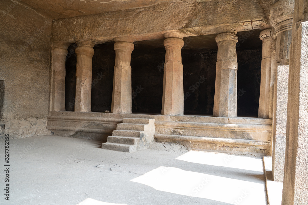 Pillars at the Elephanta Caves ruins in Mumbai (Bombay) India at Gharapuri island.