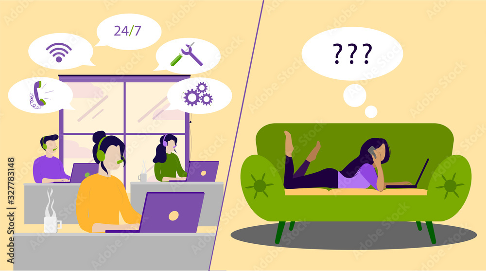 Clients Support, Helpline for Customers, Online Technical Assistance Flat Vector Concept. Call Center Operators in Headset. A young girl calls technical support from home while lying on a couch.