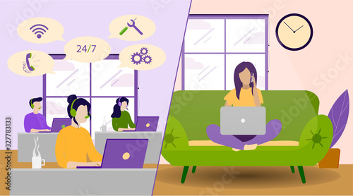 Clients Support, Helpline for Customers, Online Technical Assistance Flat Vector Concept. Call Center Operators in Headset. Young girl calls technical support from home while sitting on a couch.