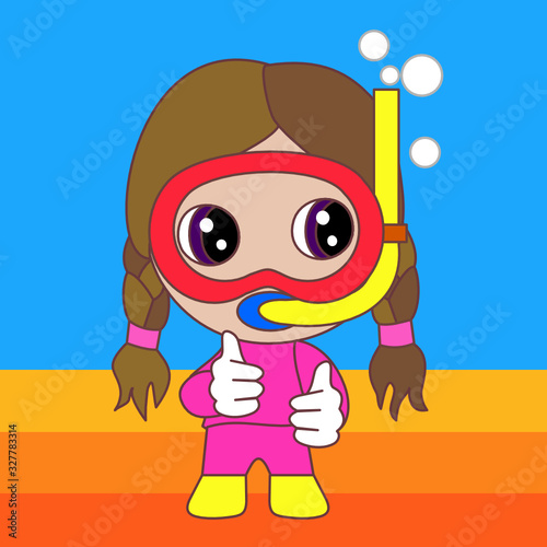 emoticon with girl frogman or pearler swimming under water with bubbles, pearl diver or fisher wearing an underwater mask or glasses and an air snorkel tube, thumbs up simple colored emoji 