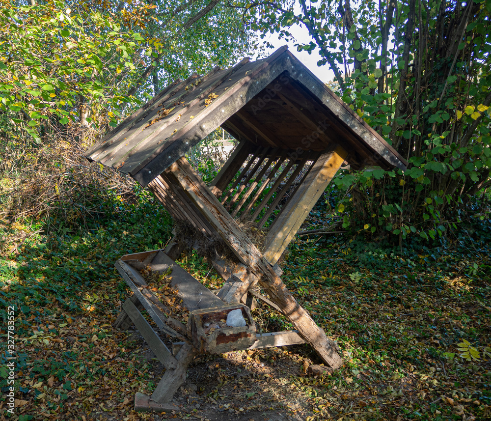 Feed manger for wild animals in a small clearing in the forest